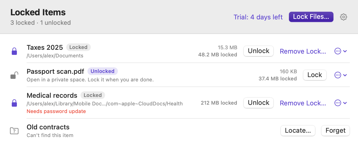 The Hushbox window, listing locked items such as Taxes 2025 and Medical records, each with Unlock and Remove Lock buttons, and one unlocked item, Passport scan.pdf, with a Lock button.