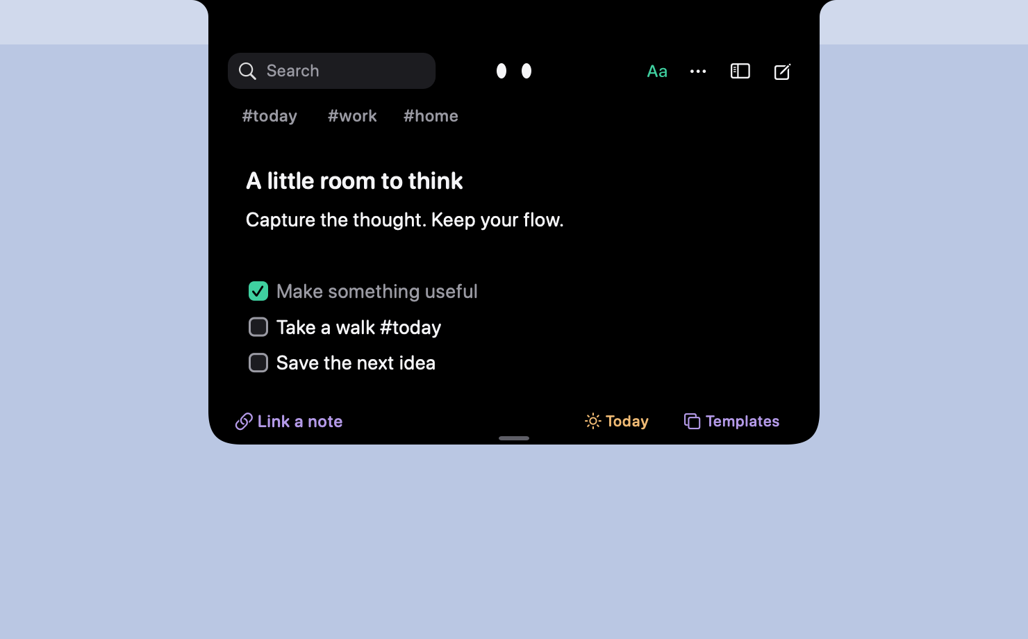 Actual Inkling app: a note with a checklist, tags, search and formatting inside the notch.