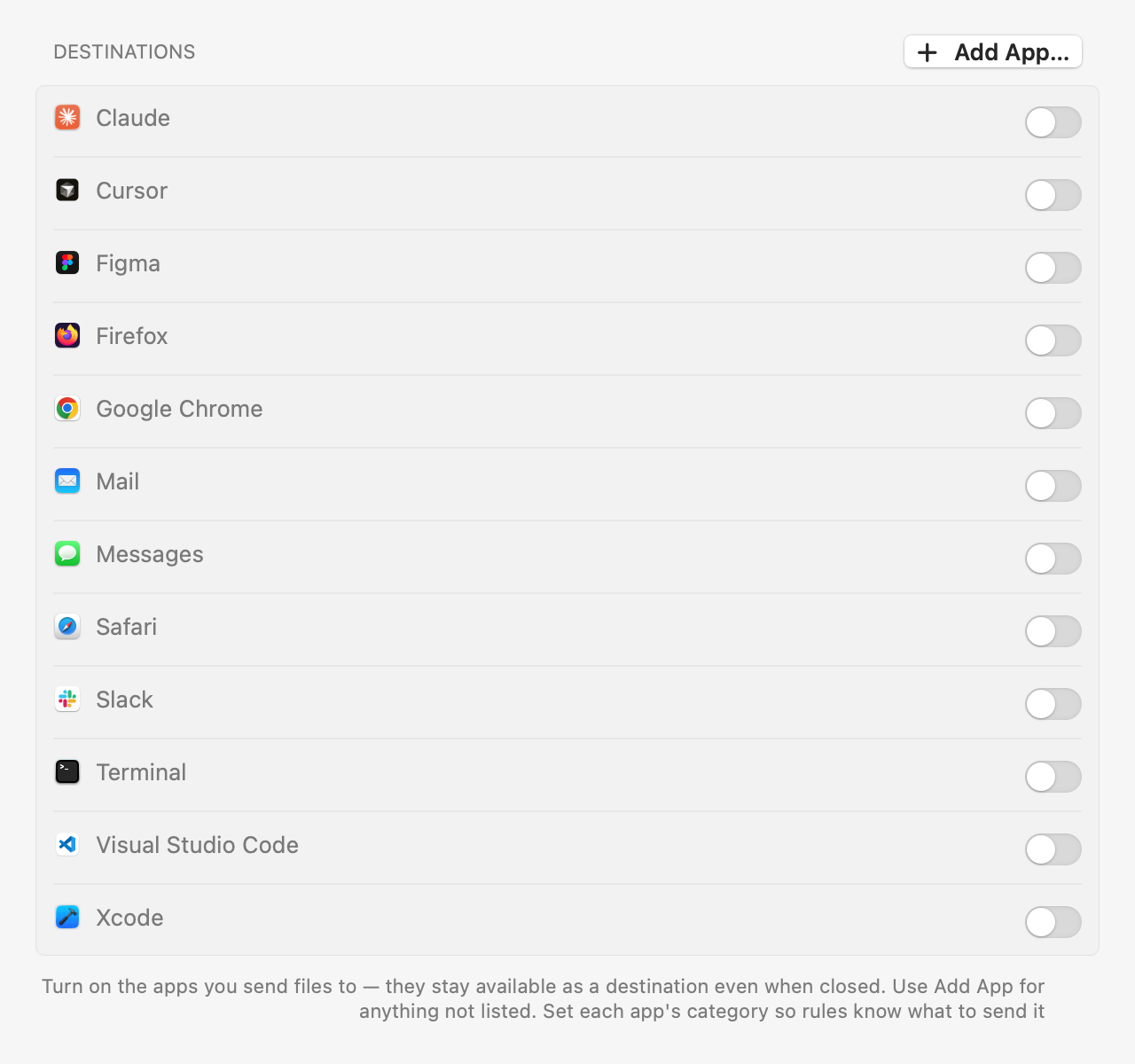 Ledge Settings showing common Mac apps with enable switches