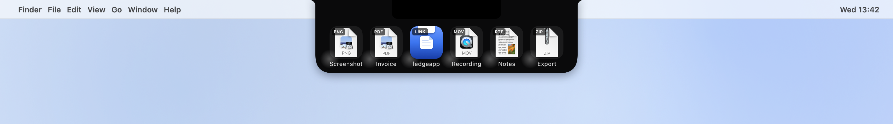 The Ledge shelf open under the notch of a MacBook, holding a screenshot, an invoice, a link, a recording, notes and an export
