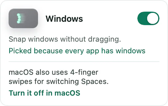 A Trill card for the Windows set: macOS also uses 4-finger swipes for switching Spaces. Turn it off in macOS.