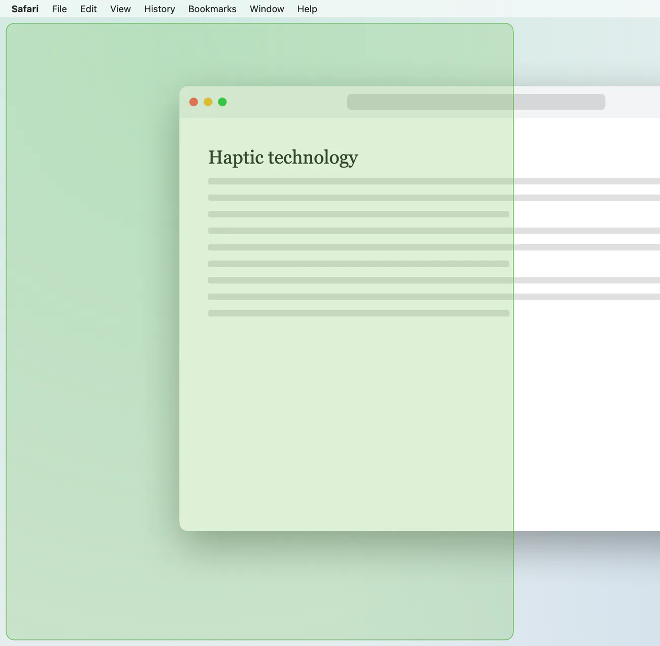 Trill's snap preview: a Safari window dragged to the left edge of the screen, and a translucent frame in the Mac's accent colour, green here, filling the left half where it will land.